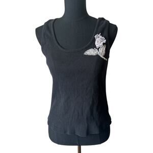 Nine & Company Women’s Vintage Black Ribbed Beaded Rose Tank Top Size XL